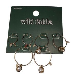 Wild Fable Earring Trio Set Gold Tone Hoops, Dangle Pearl, Roses Nickel Free New